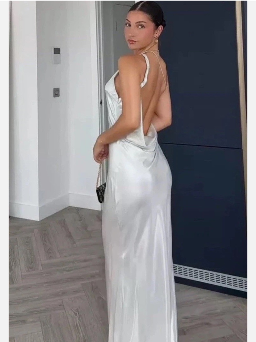 Zara One-Shoulder Satin Slip Dress in Silver
